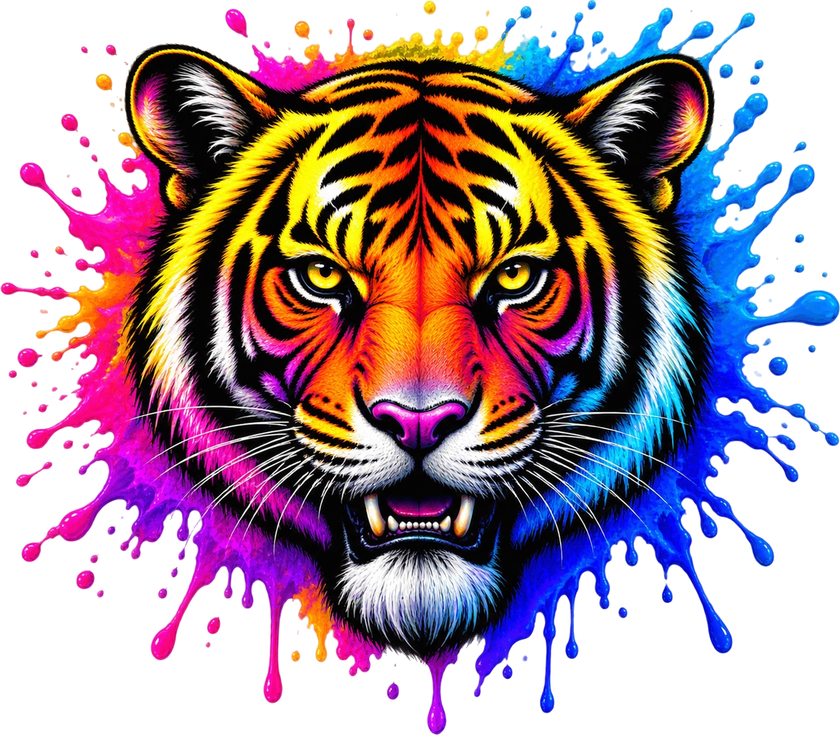 Colorful tiger illustration with pink, yellow, and blue ink splashes